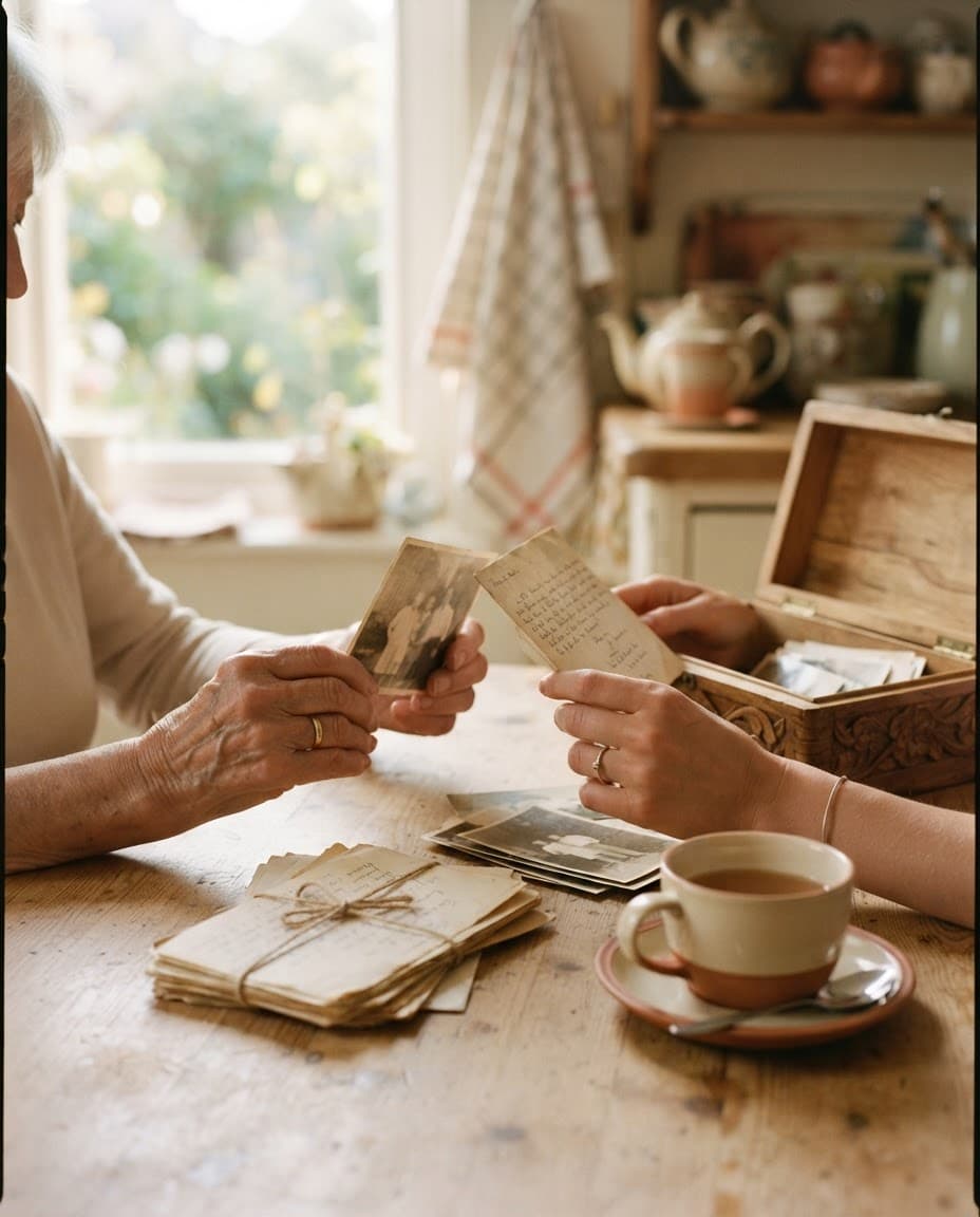 Two people at a kitchen table sorting handwritten letters and old photographs together